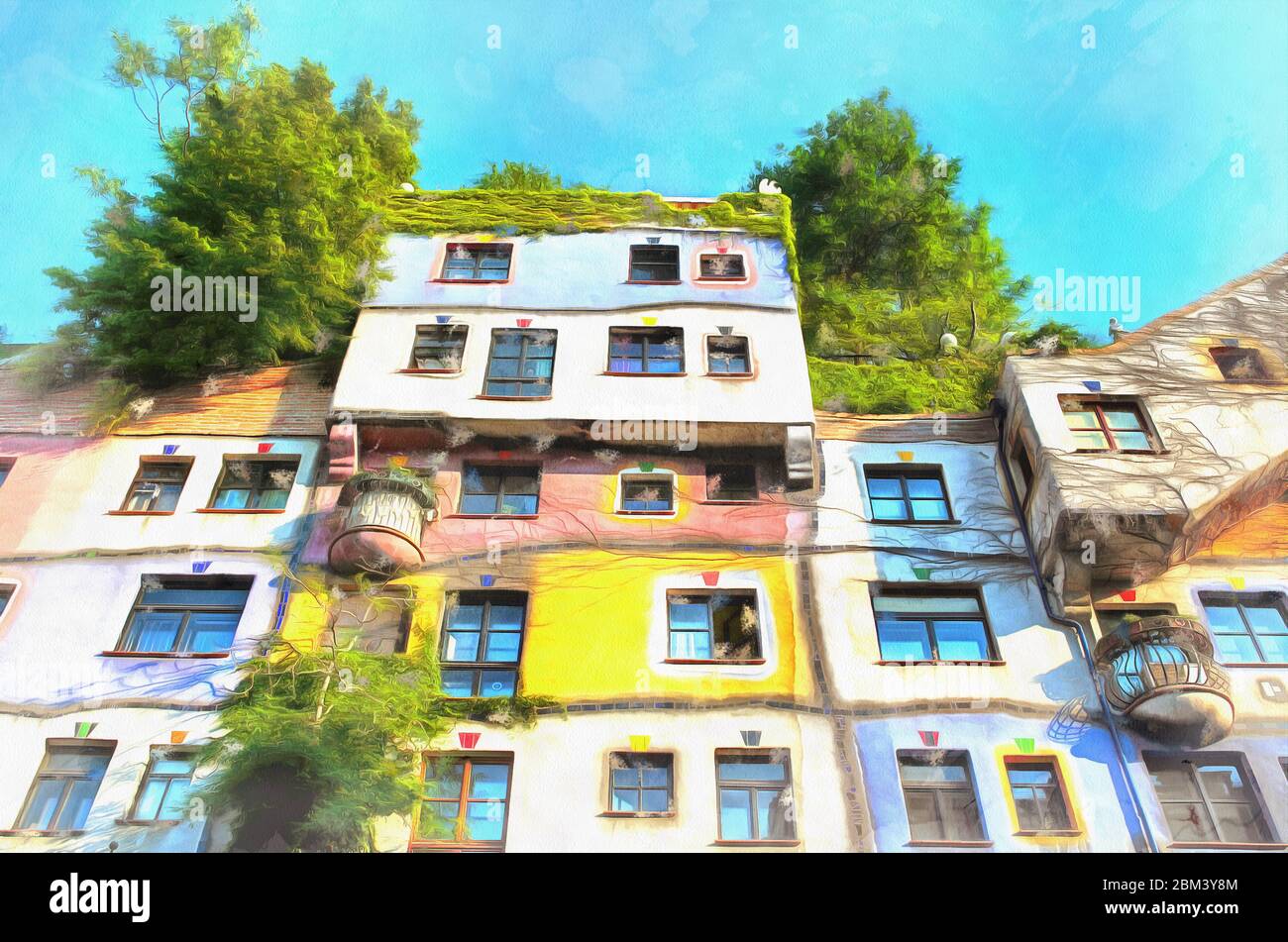 View on apartment house colorful painting looks like picture, Vienna, Austria Stock Photo