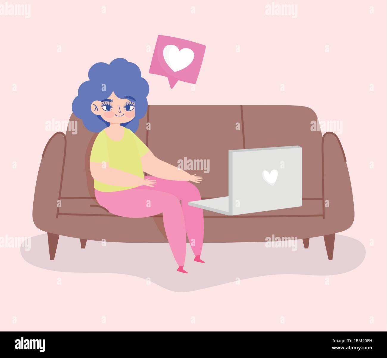 working remotely, young woman sitting on sofa with laptop chatting love ...