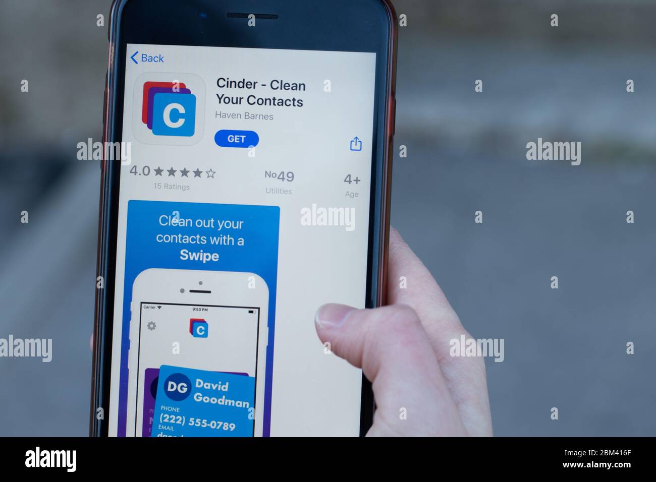 New York, USA - 1 May 2020: Cinder app logo close-up on phone screen, Illustrative Editorial Stock Photo