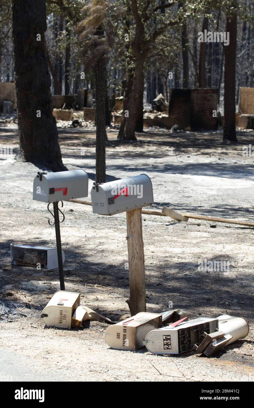 Bastrop County Texas USA, September 9, 2011: A row of damaged and intact mailboxes shows the aftermath of wildfire through the piney woods in Bastrop County 30 miles east of Austin. The fire destroyed 1,400 homes and buildings and scorched over 38,000 acres over six days. Mailboxes fell to the ground when their wooden posts burned. ©Bob Daemmrich Stock Photo