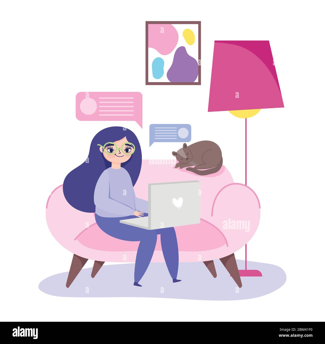 working remotely, young woman sitting on sofa with laptop cat room lamp ...