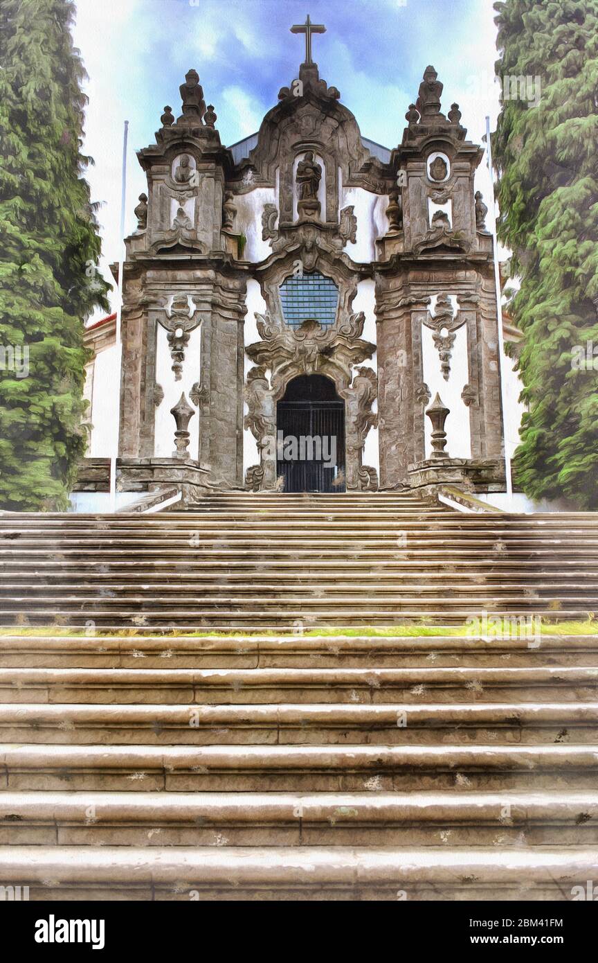 Falperra Church, Church of Santa Maria Madalena colorful painting looks like picture, Braga, Portugal Stock Photo