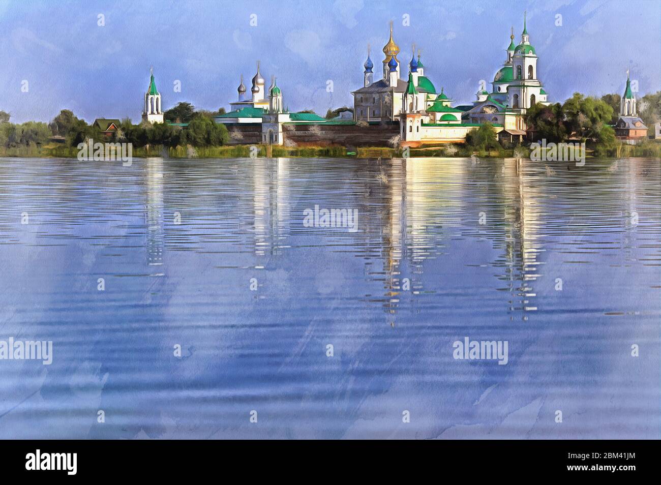 View on Monastery of St James from lake Nero colorful painting looks like picture, Rostov, Yaroslavl region, Russia Stock Photo