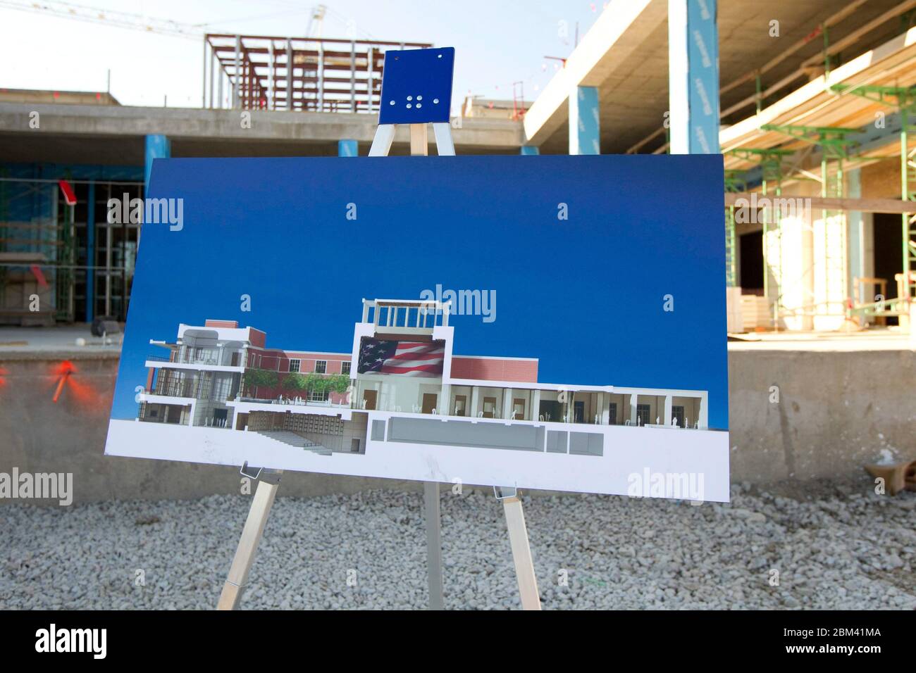 Dallas, Texas USA, October 3, 2011: A rendering of the facade of the George W. Bush Presidential Center on the campus of Southern Methodist University on display in front of the main plaza prior to a media construction tour of the site. When the center is completed in the spring of 2013, it will comprise of a 226,000-square-foot building with offices, presidential archives, research, restaurants and classroom space over the 25-acre site. ©Bob Daemmrich Stock Photo