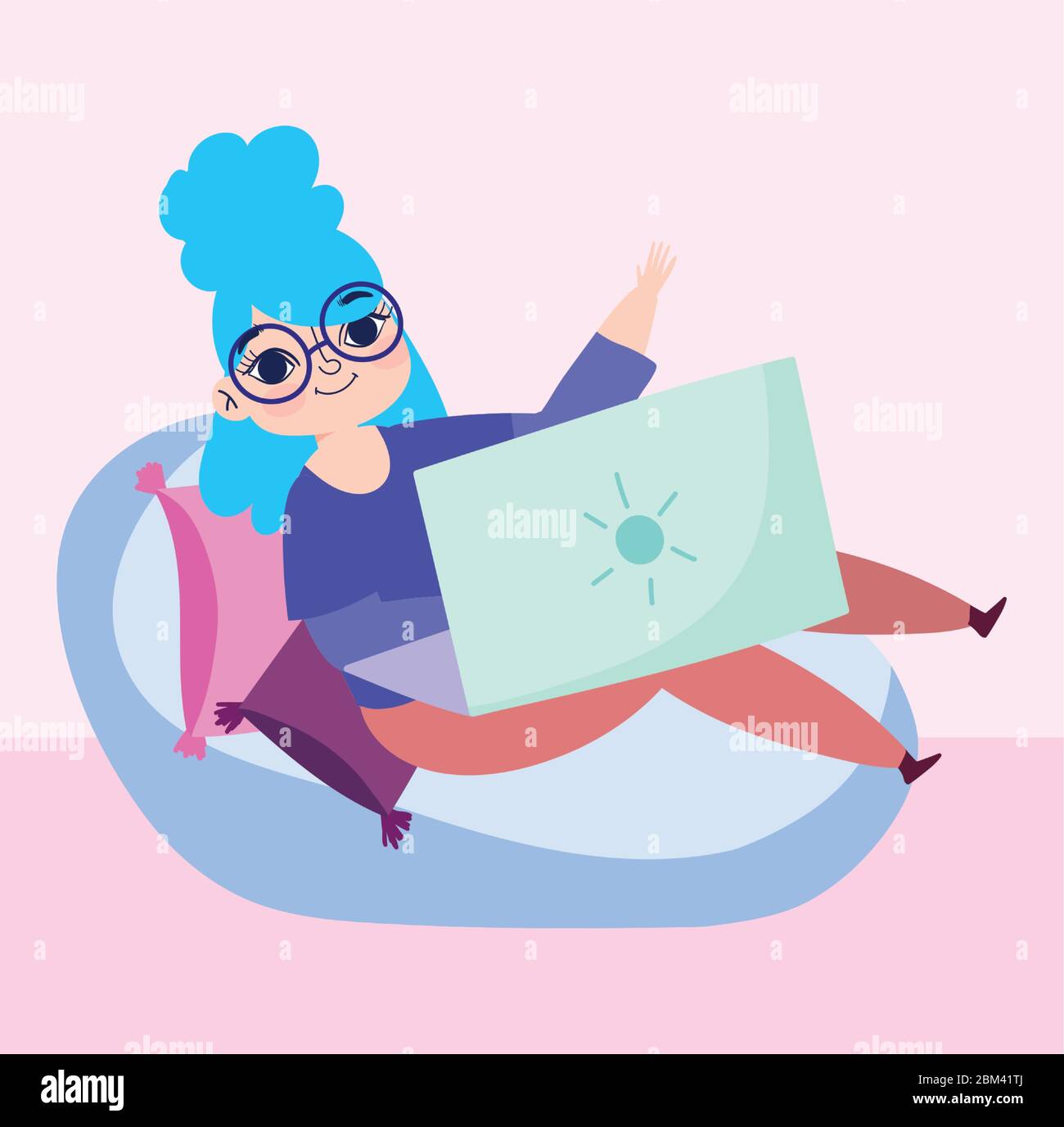 working remotely, young woman sitting on cushions with laptop vector