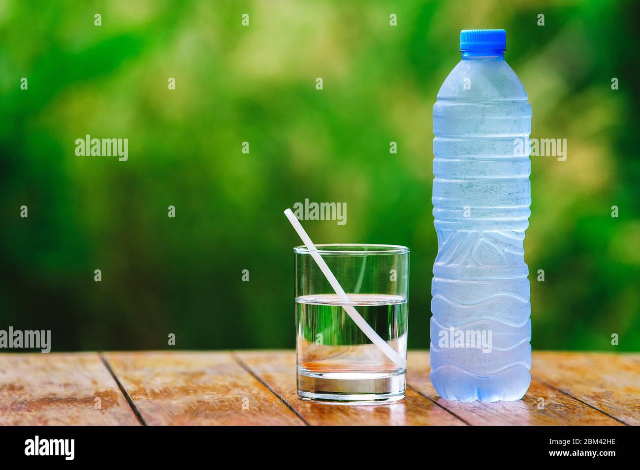 A glass of water. Ice. Cocktail straw. Plastic bottle. A green ...