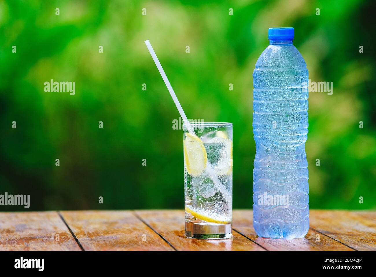 A glass of water. Ice. Cocktail straw. Plastic bottle. A green ...