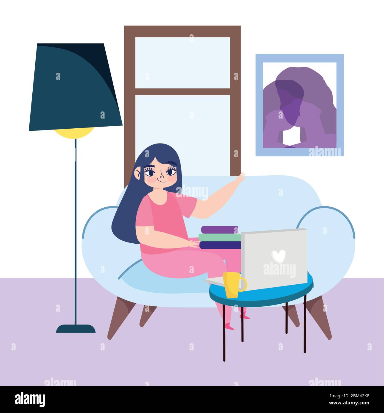 working remotely, young woman with laptop books on sofa vector ...