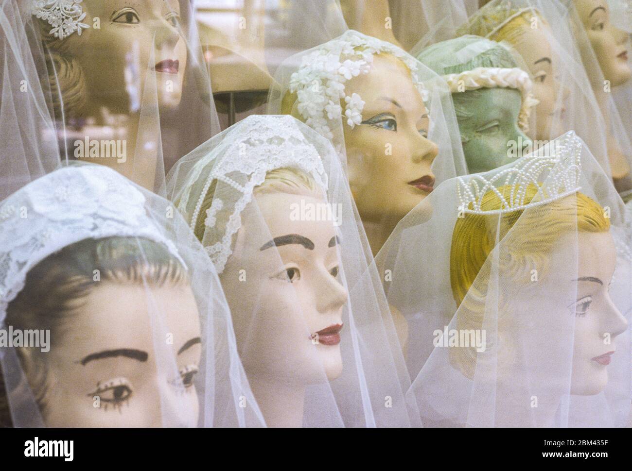 Bridal accessories in a window display on 57th Street in New York City sometime in the mid-1970's. Stock Photo