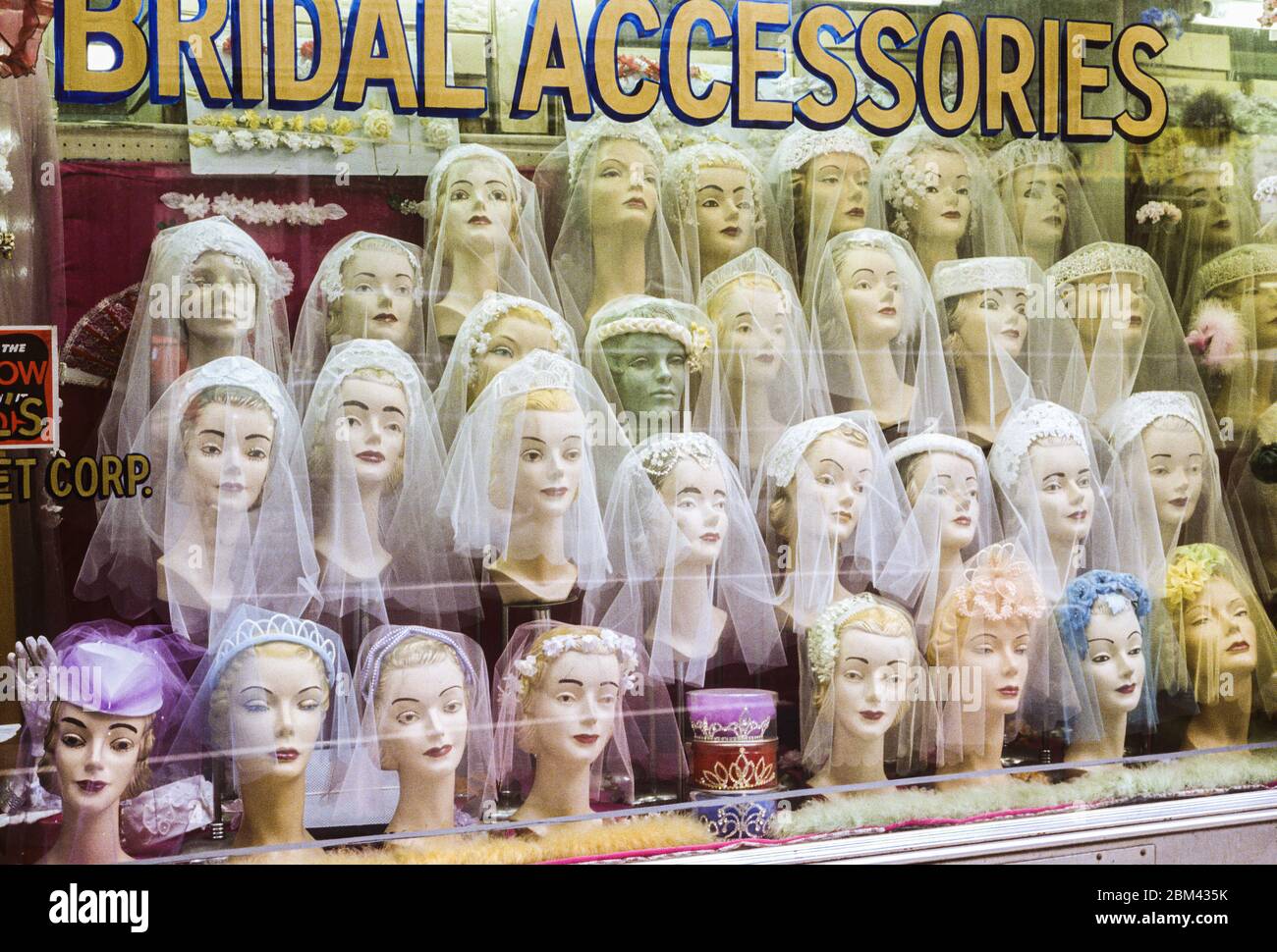 Bridal accessories in a window display on 57th Street in New York City sometime in the mid-1970's. Stock Photo