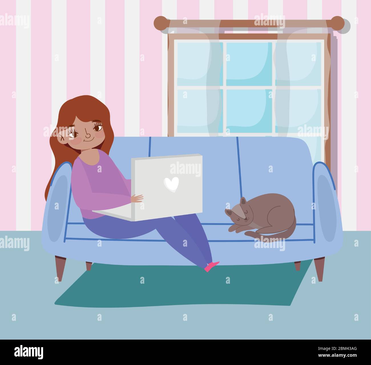 working remotely, young woman sitting on sofa with laptop and cat ...