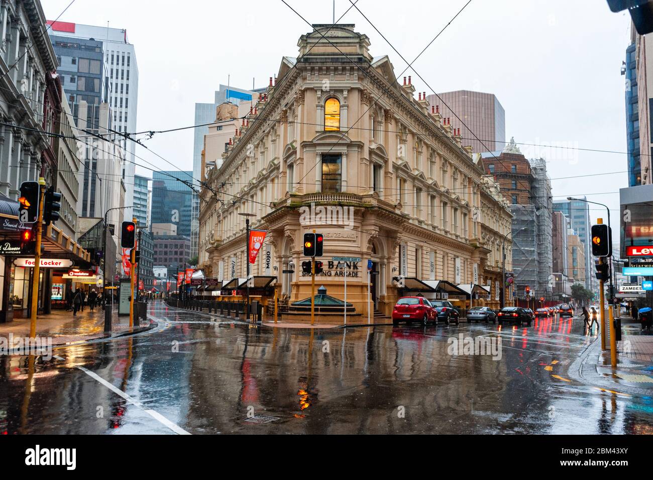 Old Bank Arcade, Lambton Quay, Wellington, New Zealand in rainy weather in winter Stock Photo