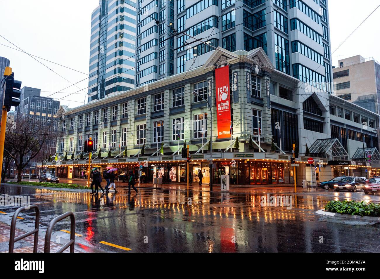 Department store David Jones, Lambton Quay, Wellington, New Zealand in rainy weather in winter Stock Photo