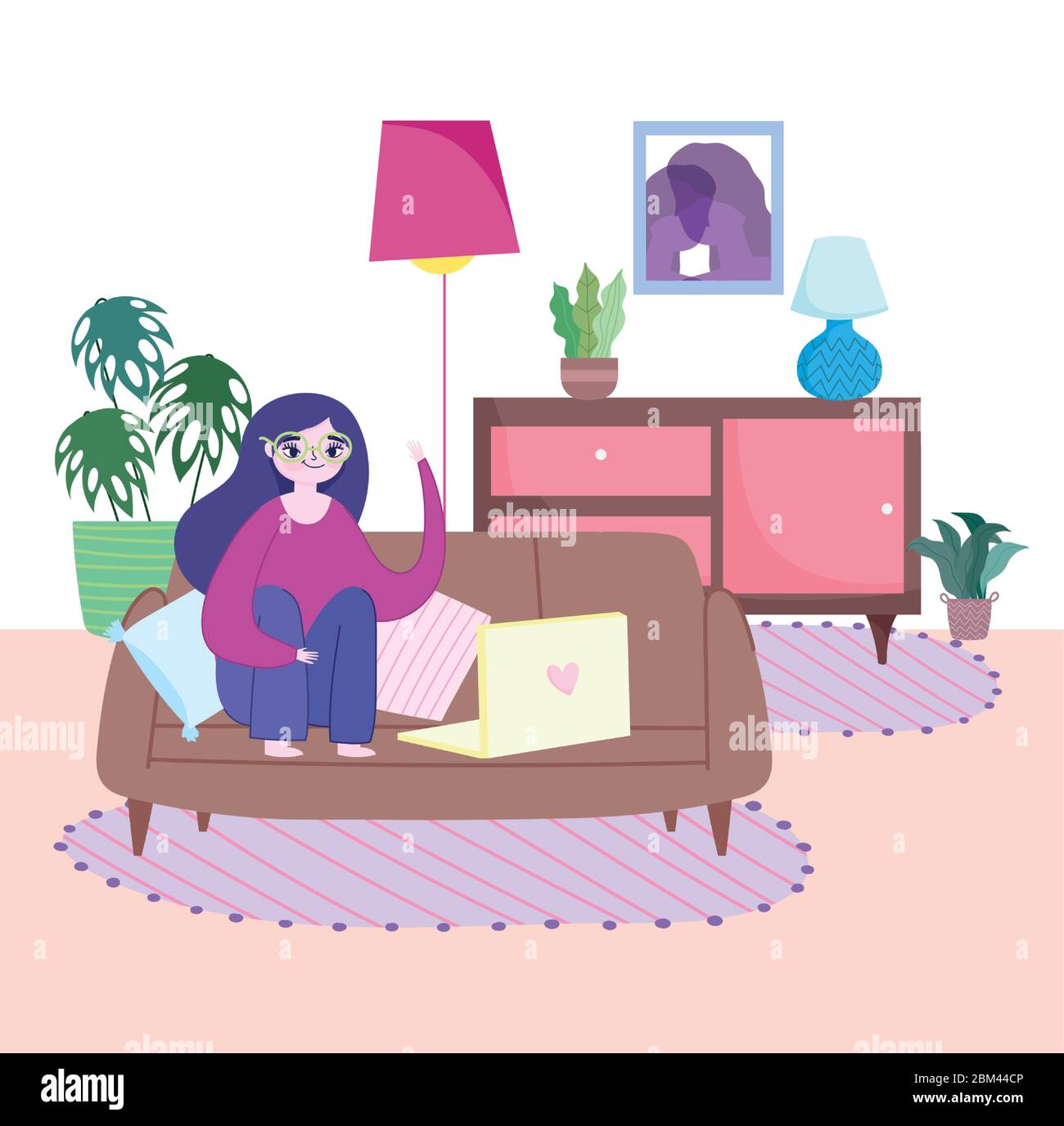 working remotely, young woman sitting on sofa with laptop room ...