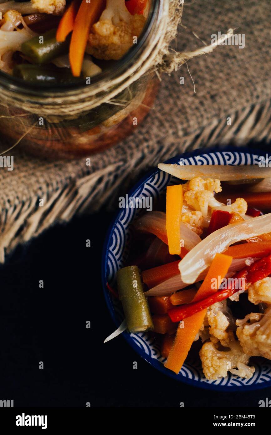 Pickled Vegetables, vinegar, carrot, onion, cauliflower, pods and sweet