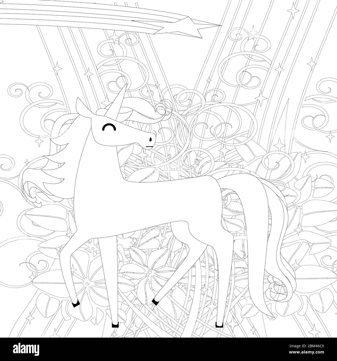 Unicorn . Horse head sleep. Colored book. Black and white sticker, icon isolated. Cute magic cartoon fantasy animal. Dream symbol. Design for children Stock Photo