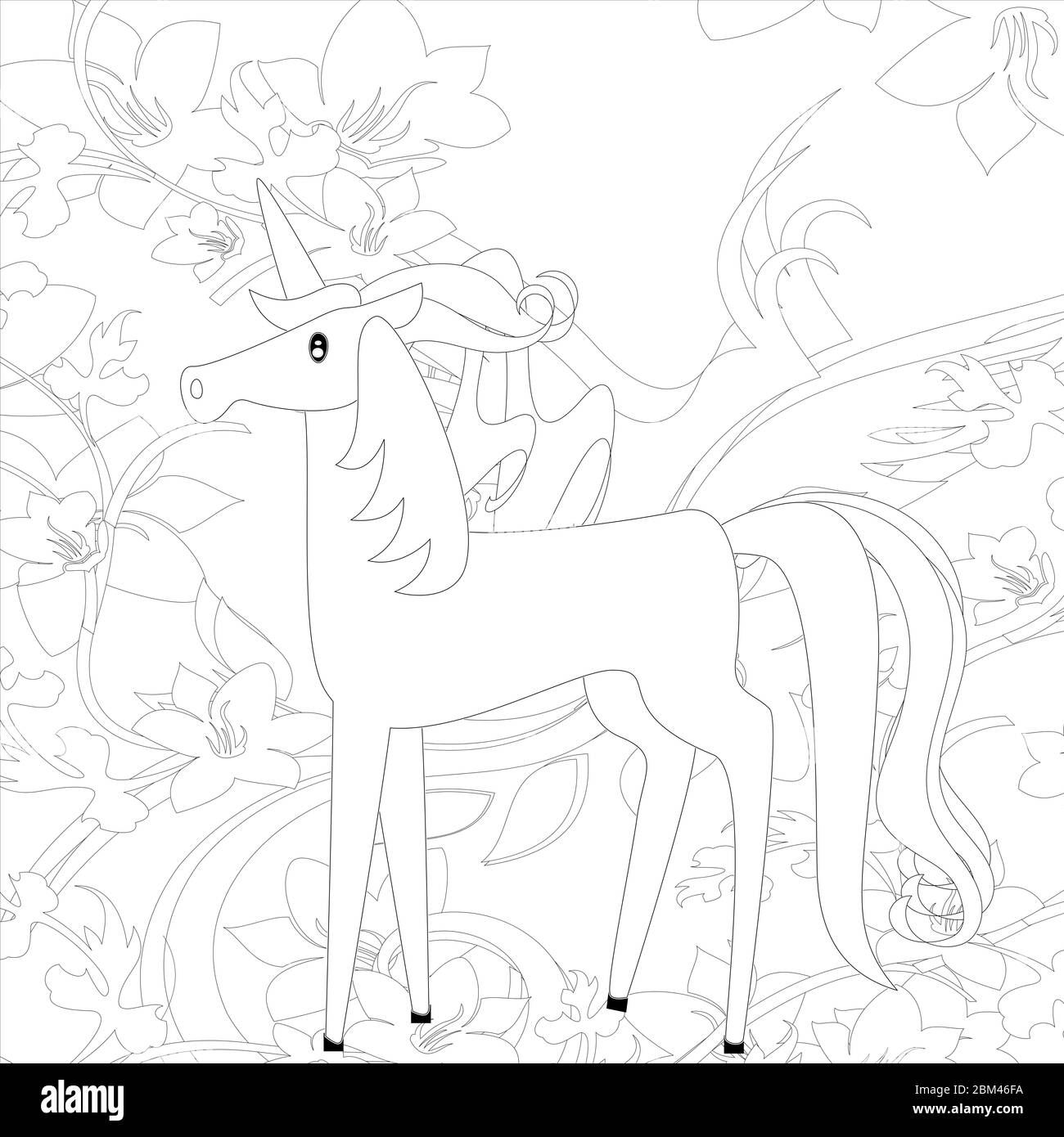 Unicorn . Horse head sleep. Colored book. Black and white sticker, icon isolated. Cute magic cartoon fantasy animal. Dream symbol. Design for children Stock Photo