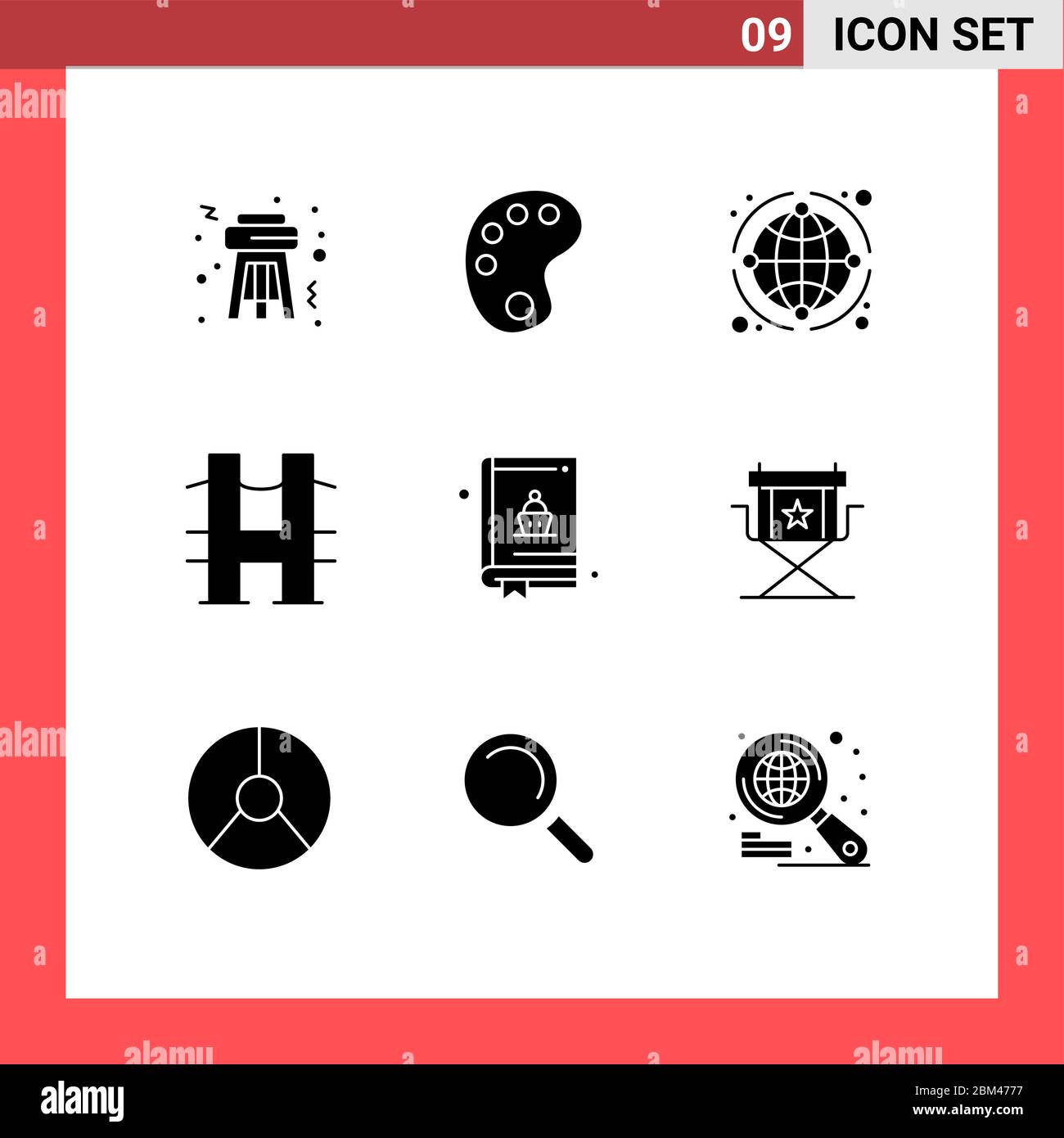 Pack of 9 Modern Solid Glyphs Signs and Symbols for Web Print Media such as book, baking, network, road, journey Editable Vector Design Elements Stock Vector