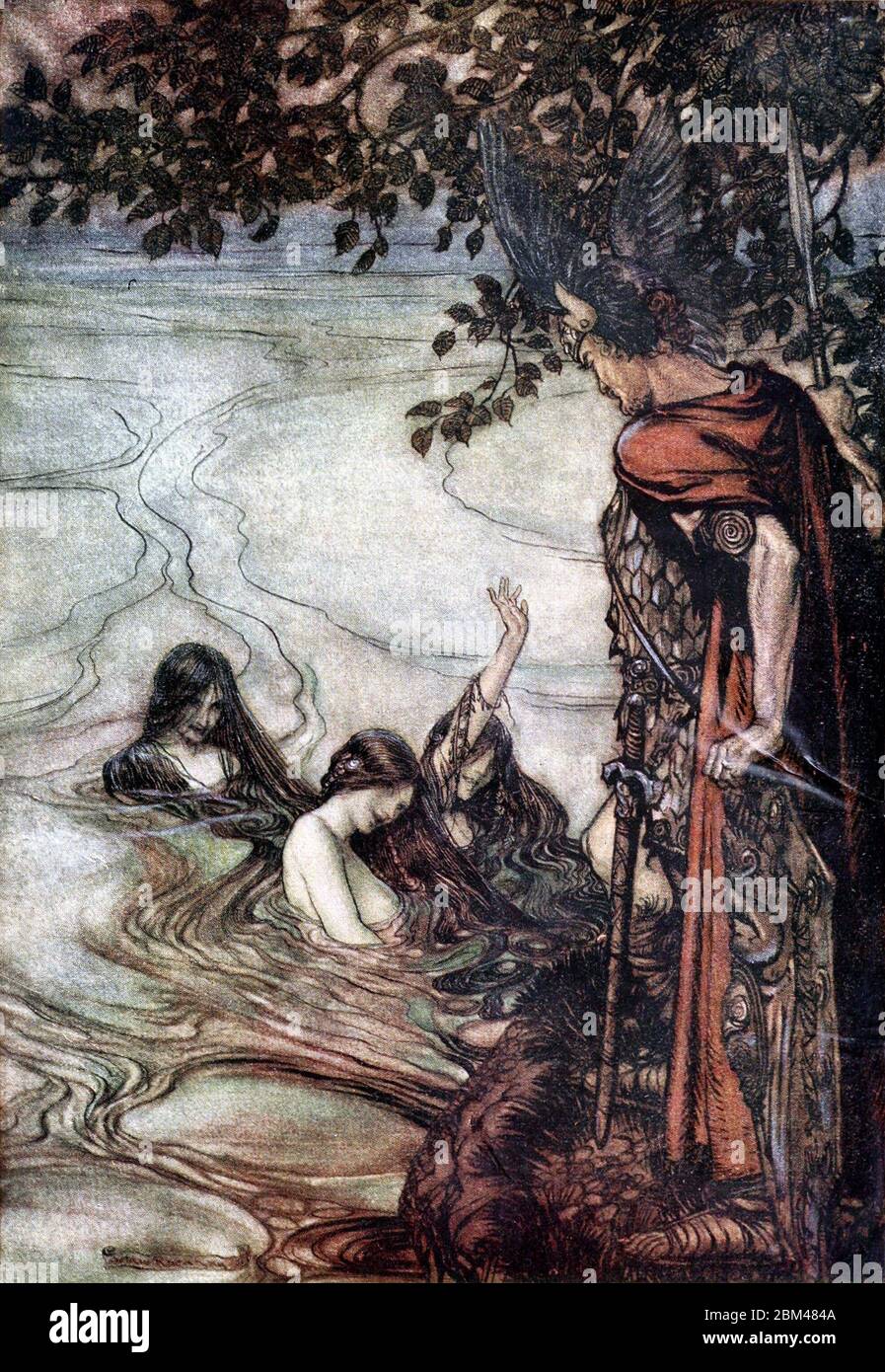 The Rhinemaidens warn Siegfried - Scene from Gotterdammerung - Twilight of the Gods (Arthur Rackham, 1912) - 'Though gaily may ye laugh, / In grief ye shall be left, / For, mocking maids; this ring / Ye ask shall never be yours.' Stock Photo