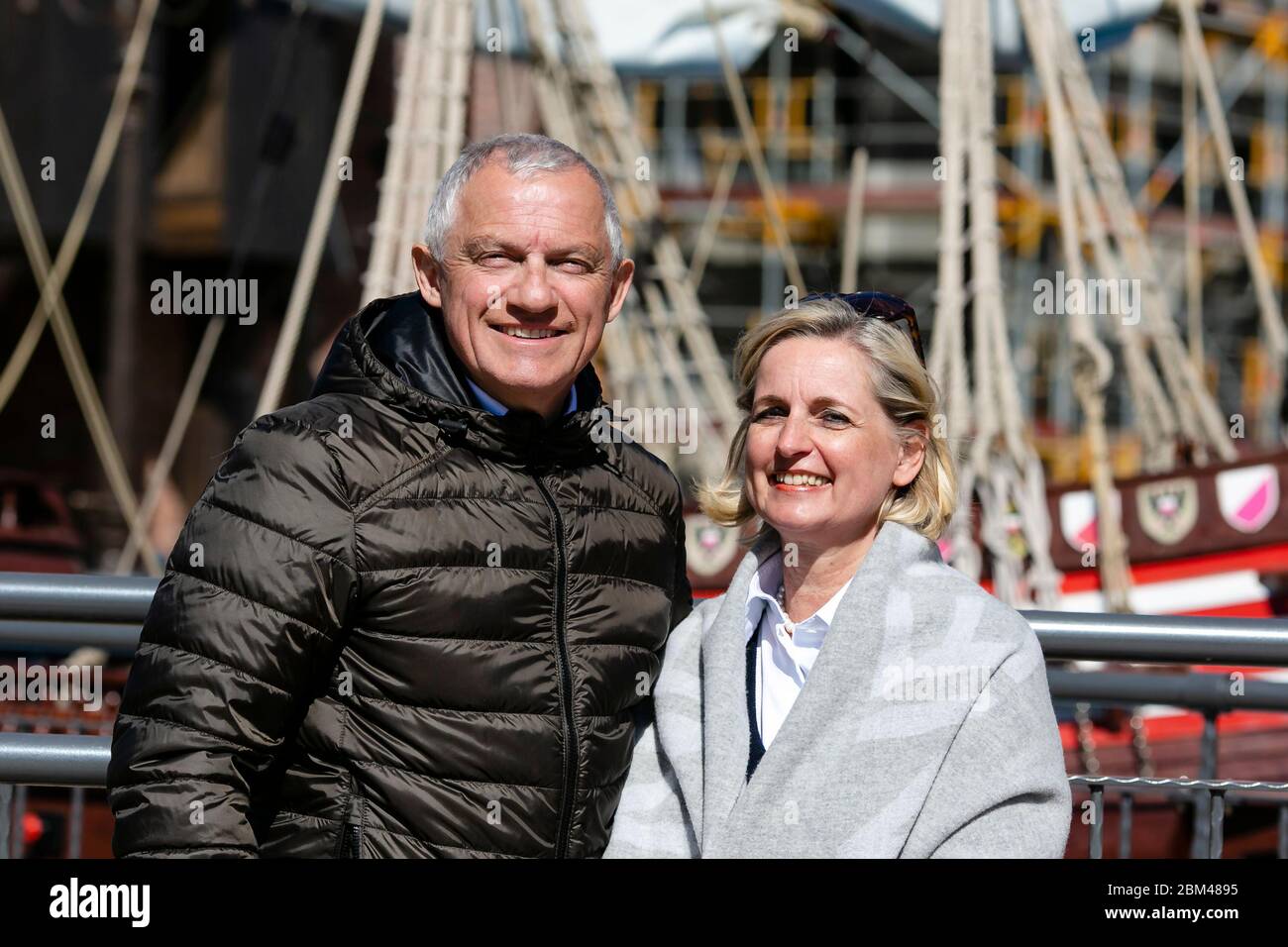 20 April 2020, Schleswig-Holstein, Sierksdorf: Christoph (l) and Claudia Leicht, Managing Director of Hansa-Park in Sierksdorf, look into the camera. The planned opening of the amusement area in the district of Ostholstein on 28 March 2020 has been postponed indefinitely due to the Corona crisis. Opened in 1977, the Hansa-Park offers various theme areas with integrated shows and rides with a view of the Baltic Sea on an area of 460000 square metres. Until the end of the season in October, around 1.4 million visitors make their way to the park every year. (to dpa "Amusement parks in the north a Stock Photo