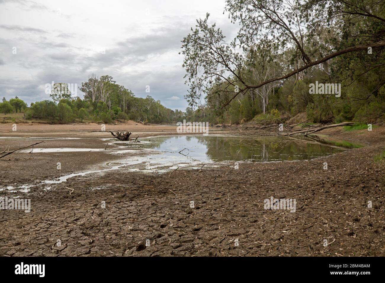 Landscape dominated by Mary River, in south-eastern Queensland Australia, that has been reduced to a muddy stream during severe drought Stock Photo