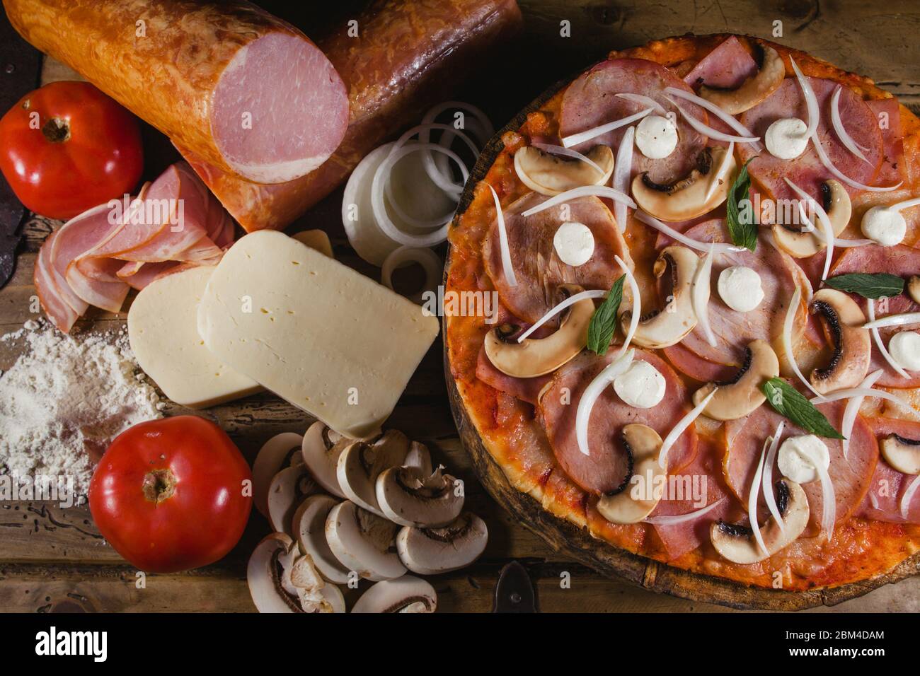 pizza gourmet, recipe and ingredients, italian food top view Stock
