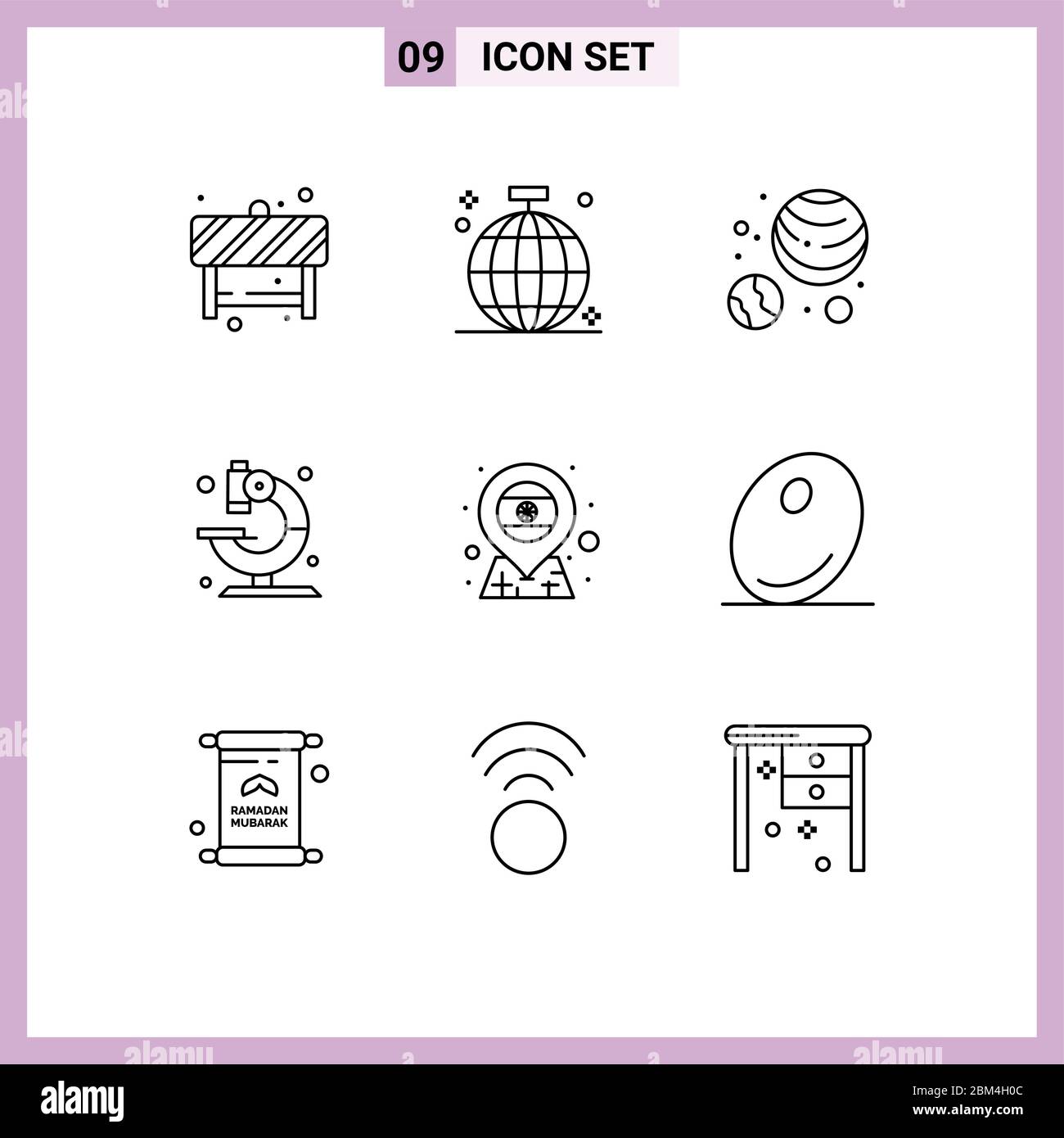 Group of 9 Outlines Signs and Symbols for country, science, party, microscope, lab Editable Vector Design Elements Stock Vector