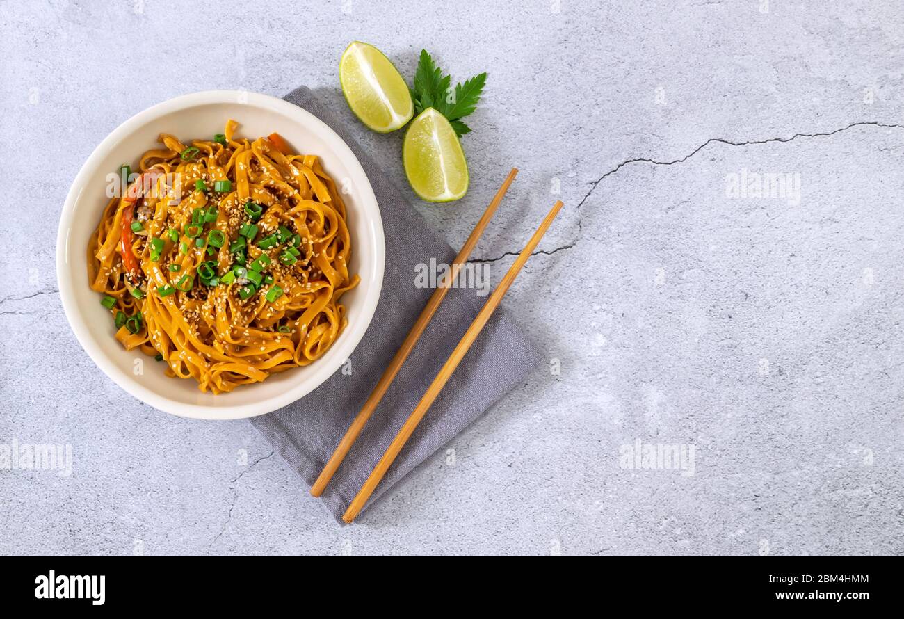 Vegetarian chili noodles. Asian style, top view, copy sopace. Stock Photo