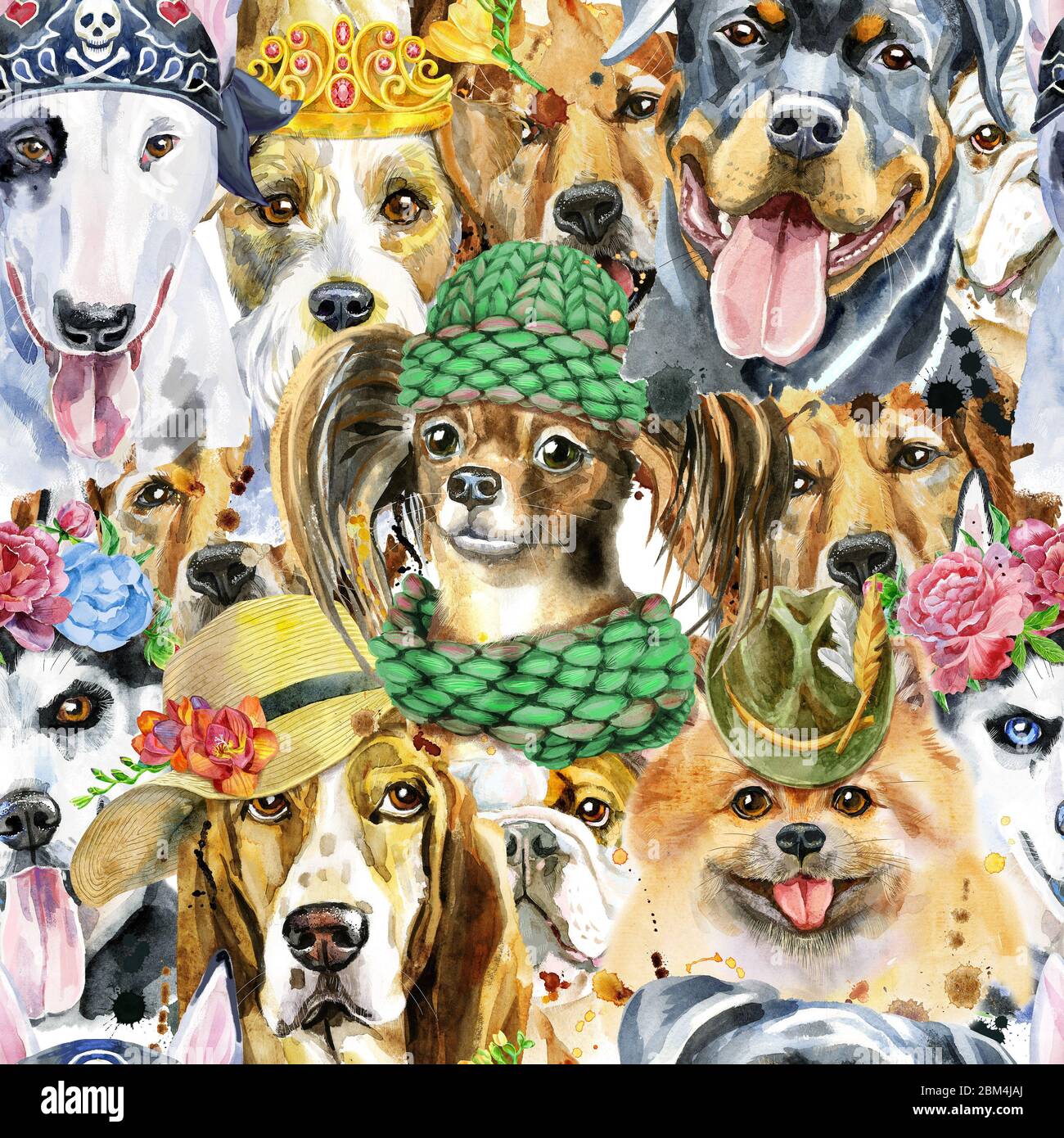Watercolor seamless pattern of dogs on white background Stock Photo - Alamy