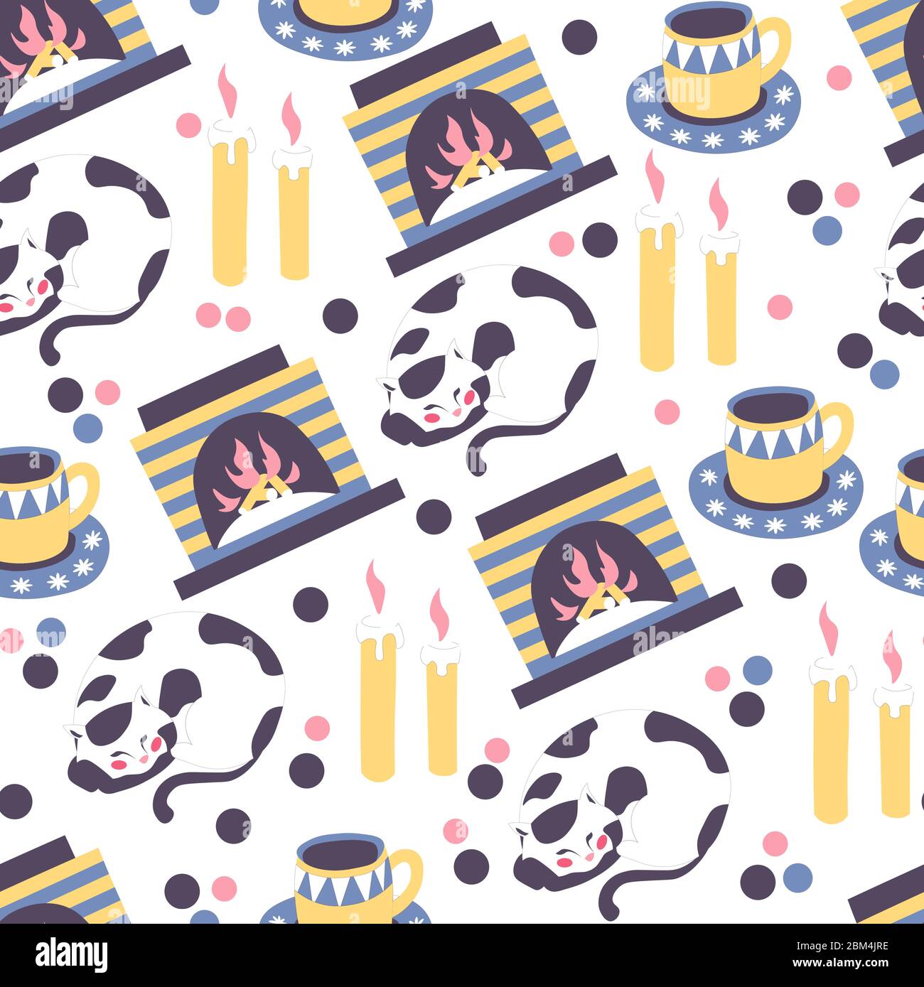 Home comfort, cat and fireplace flame seamless pattern Stock Vector
