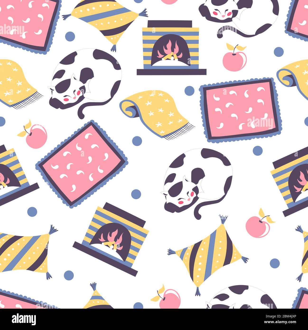 Sleeping cat and blanket, fireplace seamless pattern vector Stock Vector