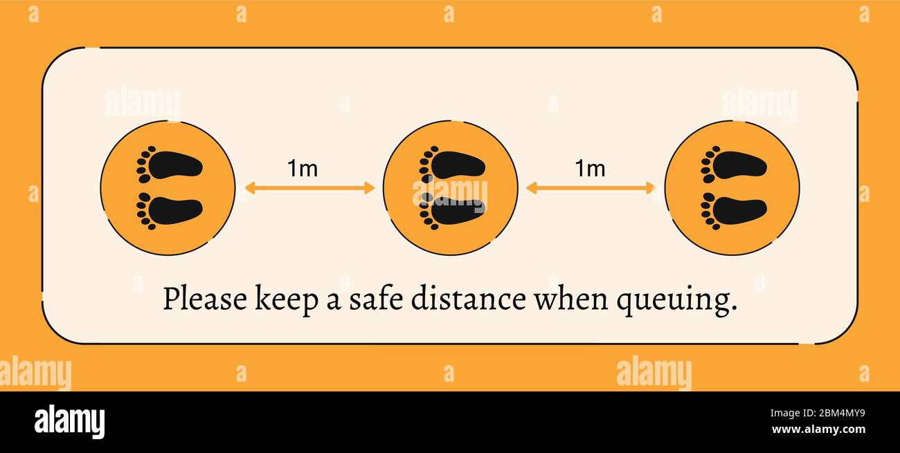 Keep a safe distance when queuing, footprint sign in yellow and black ...