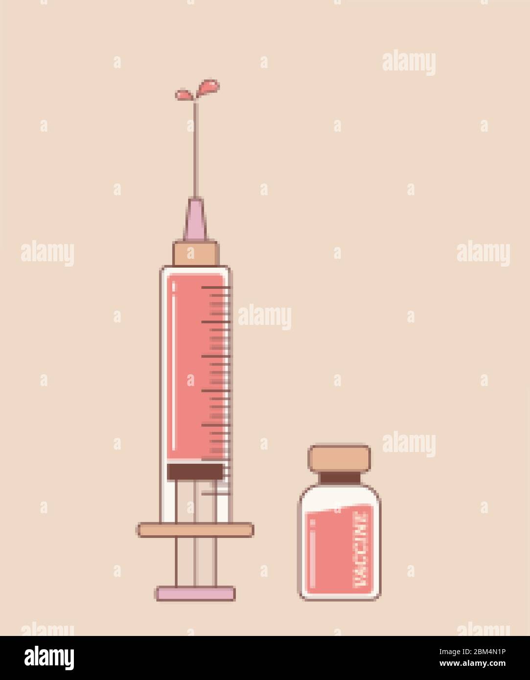 Syringe injection and vaccine on peach orange background Stock Vector