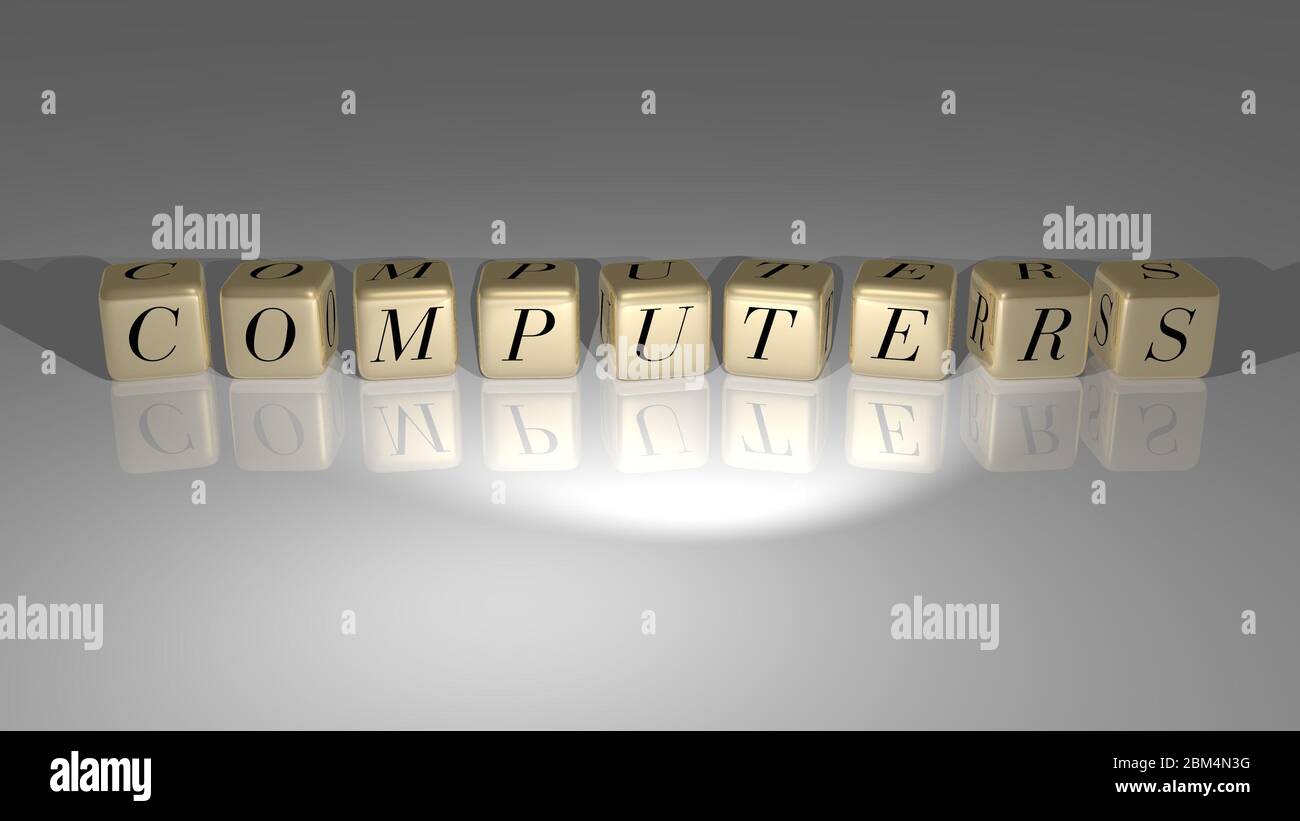 Computers built by golden cubic letters from the top perspective, excellent for the concept presentation. 3D illustration Stock Photo