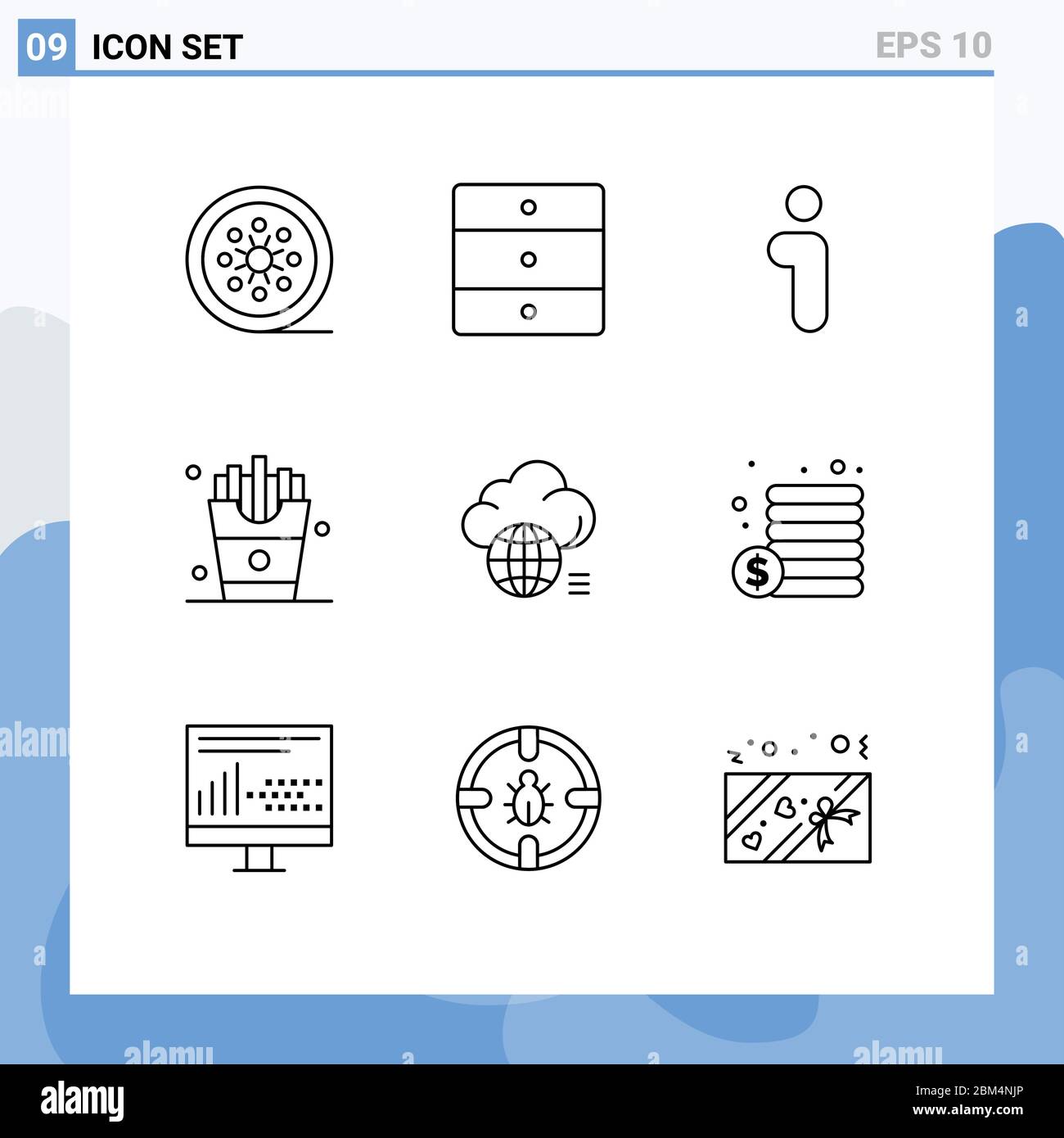 9 Universal Outline Signs Symbols of cloud, food, wardrobe, eat, interface Editable Vector Design Elements Stock Vector