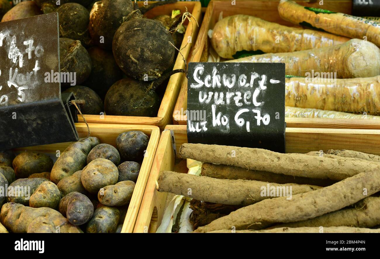 Assorted root vegetables at local farmers market. Austria, Europe Stock Photo