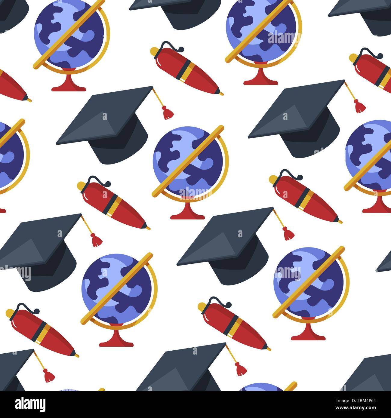 Graduation hat and globe, pen and earth model seamless pattern Stock Vector