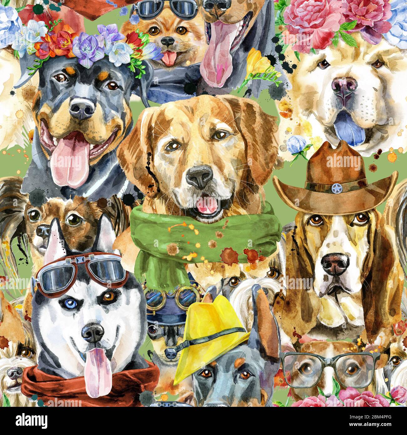 Watercolor seamless pattern of dogs on white background Stock Photo - Alamy