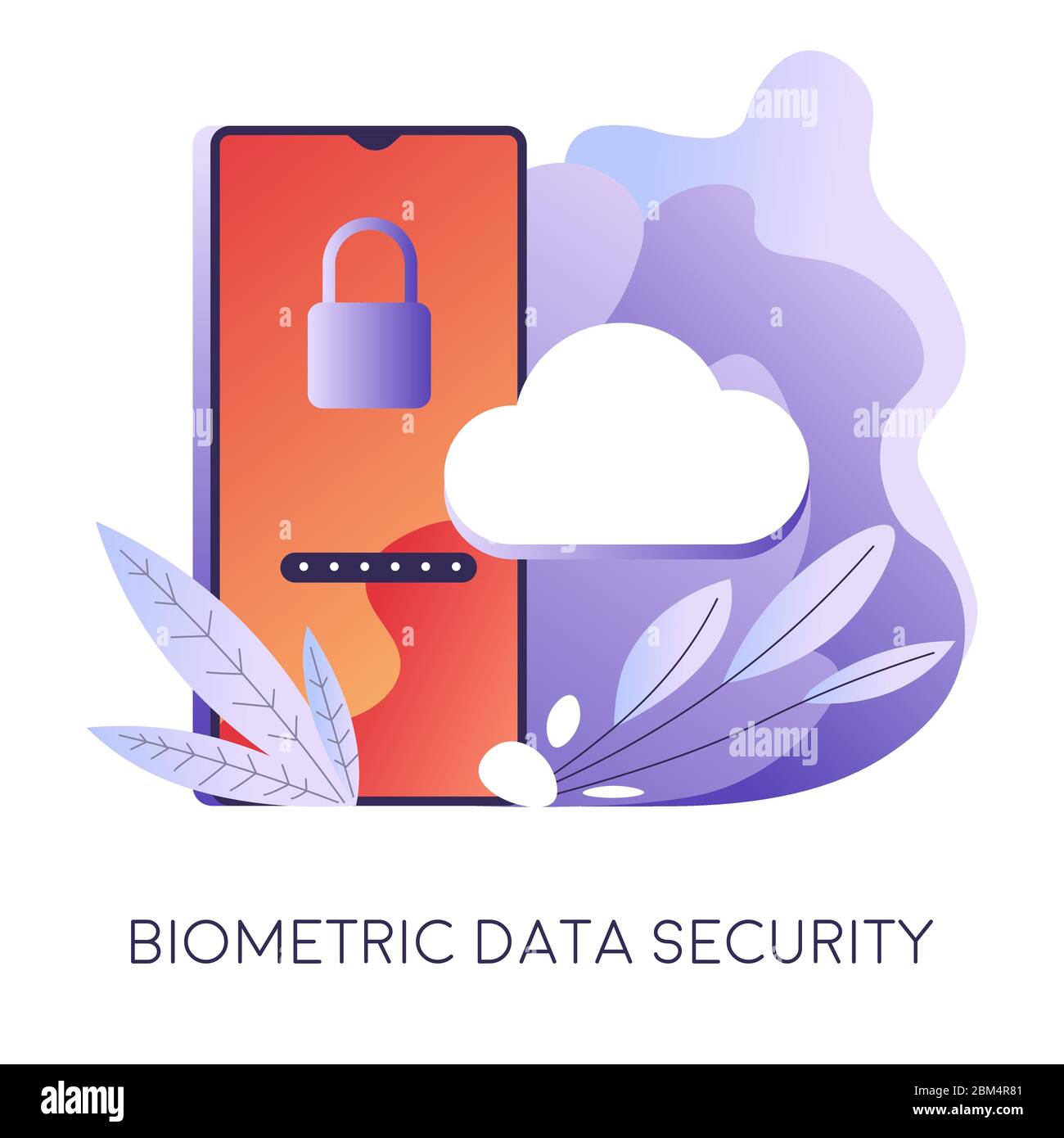 Biometric data security, smartphone with lock and foliage Stock Vector