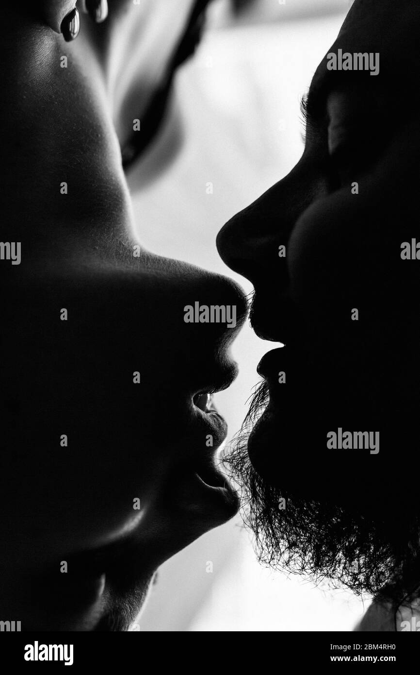 The silhouettes of kissing couple. Stay home Stock Photo