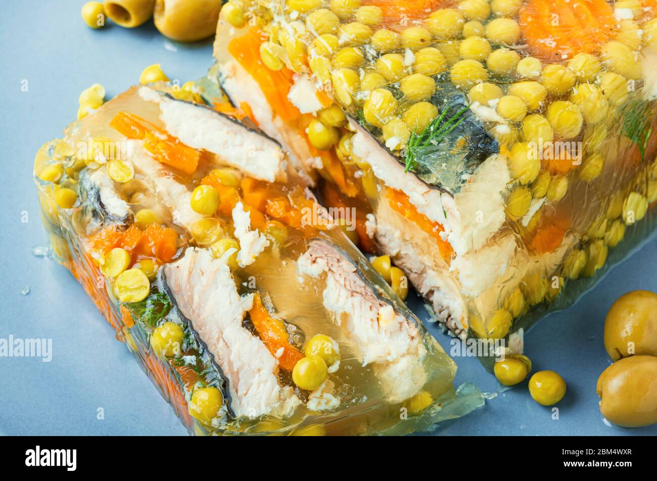 Jellied, cold dish of fish, filled with gelatinous broth.Russian national cuisine Stock Photo
