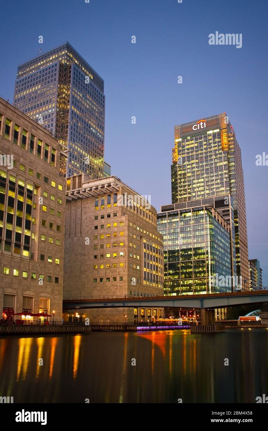 View of the Canary Wharf over the Middle Dock, London. Stock Photo