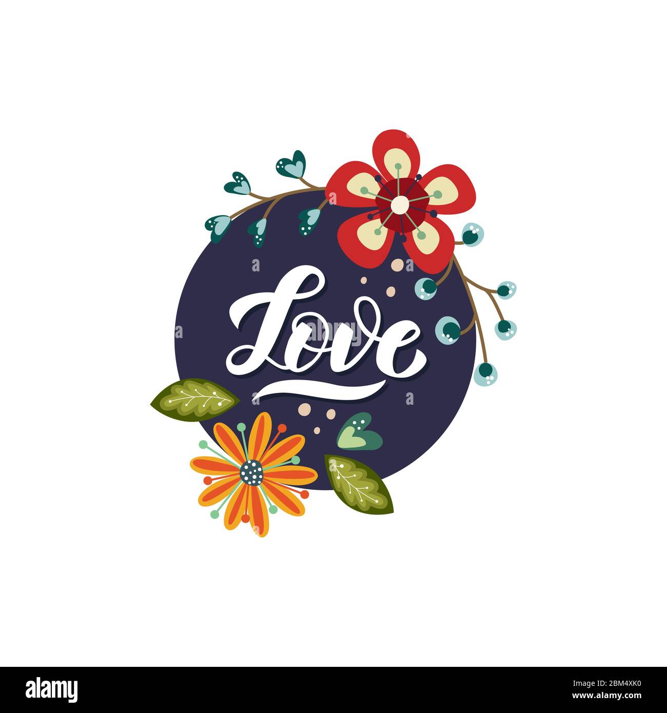 Love. Romantic lettering phrase in a round frame on the light background. Hand-drawn calligraphy quote. Ideal for Valentine's day postcard. Stock Vector