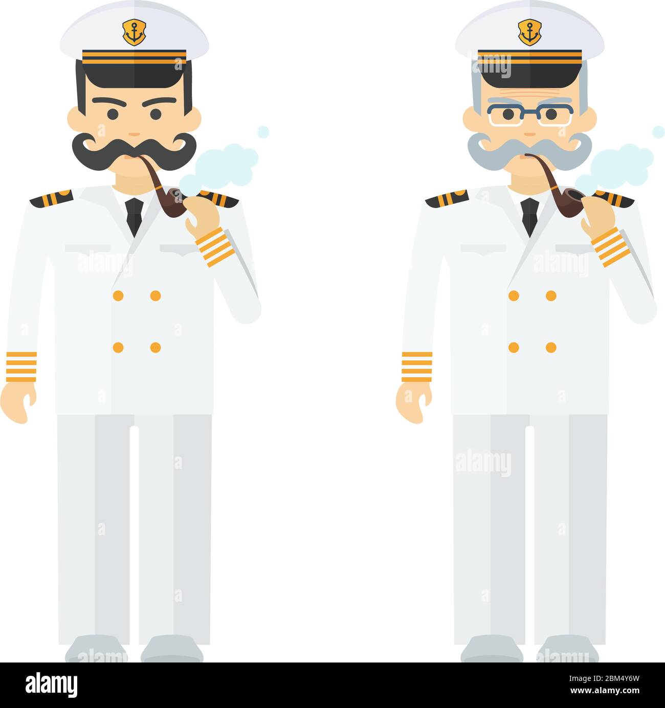 Young and elderly naval captain smokes a pipe. Stock Vector