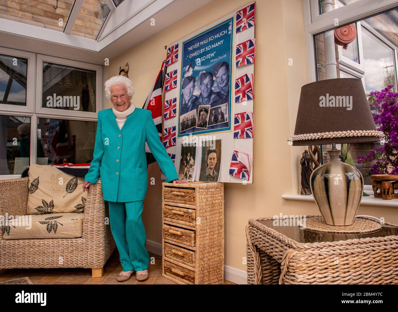 Harrogate, North Yorkshire, UK, 5th May 2020. Veteran Mary Bruce Hanson Todd, known as Molly, who will turn 101 in a few weeks and is originally from Sunderland, was a Leading Aircraft Woman in the Women's Royal Air Force based at RAF Lyneham in Wiltshire where she was a Physical Training Instructor and Tailor. Molly decided to join the Air Force in the hope of being posted together with her newlywed husband. Unfortunately, that didn't happen and Billy was sent overseas. His ship was torpedoed and Molly didn't receive any news for six harrowing months. He survived and they lived a happy long l Stock Photo