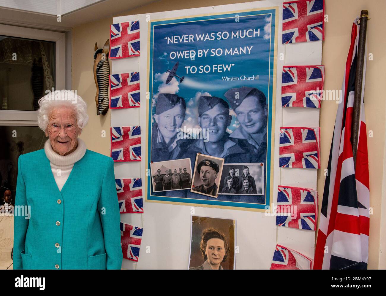 Harrogate, North Yorkshire, UK, 5th May 2020. Veteran Mary Bruce Hanson Todd, known as Molly, who will turn 101 in a few weeks and is originally from Sunderland, was a Leading Aircraft Woman in the Women's Royal Air Force based at RAF Lyneham in Wiltshire where she was a Physical Training Instructor and Tailor. Molly decided to join the Air Force in the hope of being posted together with her newlywed husband. Unfortunately, that didn't happen and Billy was sent overseas. His ship was torpedoed and Molly didn't receive any news for six harrowing months. He survived and they lived a happy long l Stock Photo