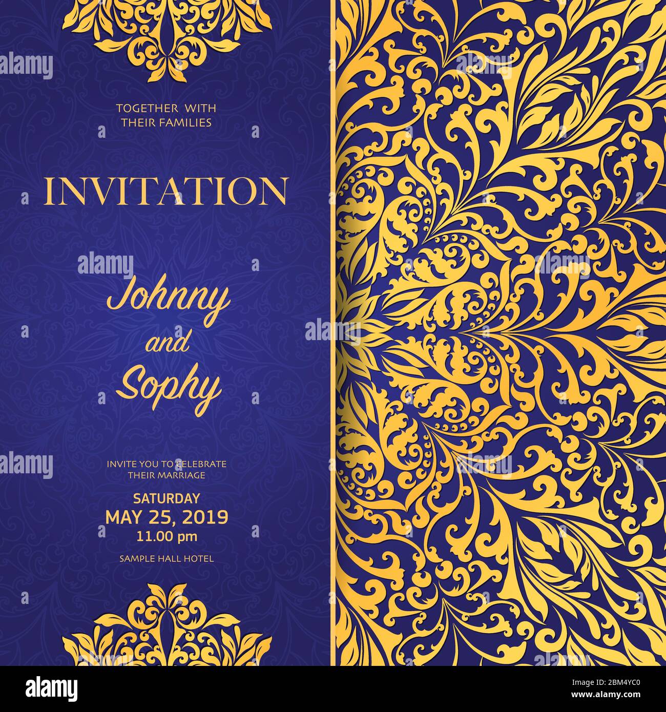 Invitation golden blue floral pattern background Stock Vector Image ...
