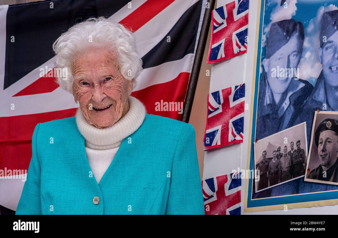 Harrogate, North Yorkshire, UK, 5th May 2020. Veteran Mary Bruce Hanson Todd, known as Molly, who will turn 101 in a few weeks and is originally from Sunderland, was a Leading Aircraft Woman in the Women's Royal Air Force based at RAF Lyneham in Wiltshire where she was a Physical Training Instructor and Tailor. Molly decided to join the Air Force in the hope of being posted together with her newlywed husband. Unfortunately, that didn't happen and Billy was sent overseas. His ship was torpedoed and Molly didn't receive any news for six harrowing months. He survived and they lived a happy long l Stock Photo