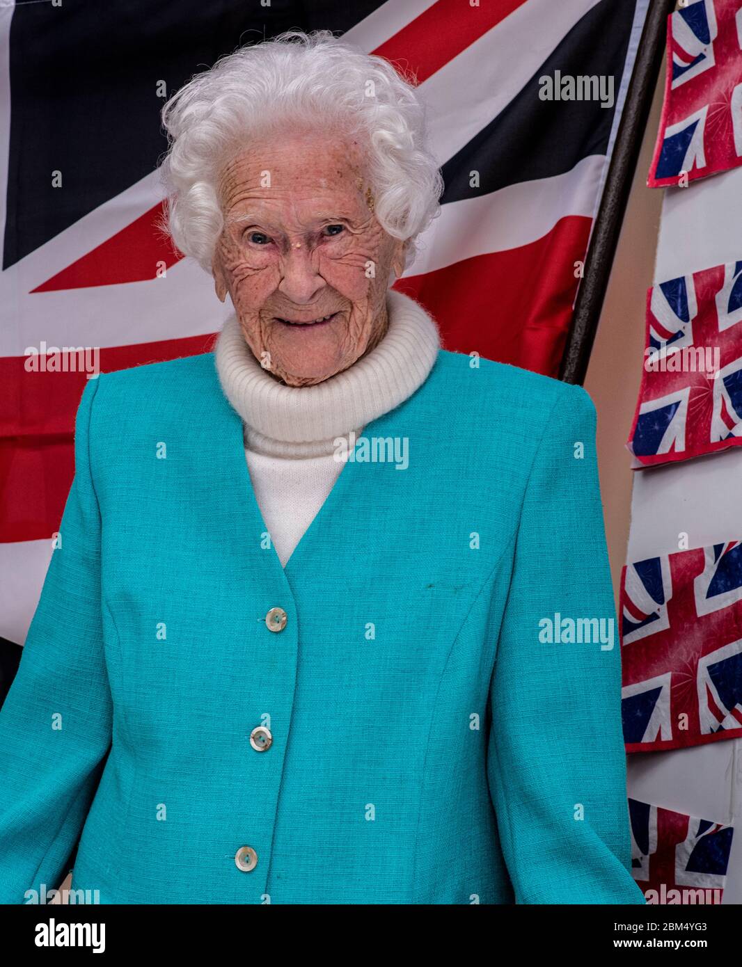 Harrogate, North Yorkshire, UK, 5th May 2020. Veteran Mary Bruce Hanson Todd, known as Molly, who will turn 101 in a few weeks and is originally from Sunderland, was a Leading Aircraft Woman in the Women's Royal Air Force based at RAF Lyneham in Wiltshire where she was a Physical Training Instructor and Tailor. Molly decided to join the Air Force in the hope of being posted together with her newlywed husband. Unfortunately, that didn't happen and Billy was sent overseas. His ship was torpedoed and Molly didn't receive any news for six harrowing months. He survived and they lived a happy long l Stock Photo