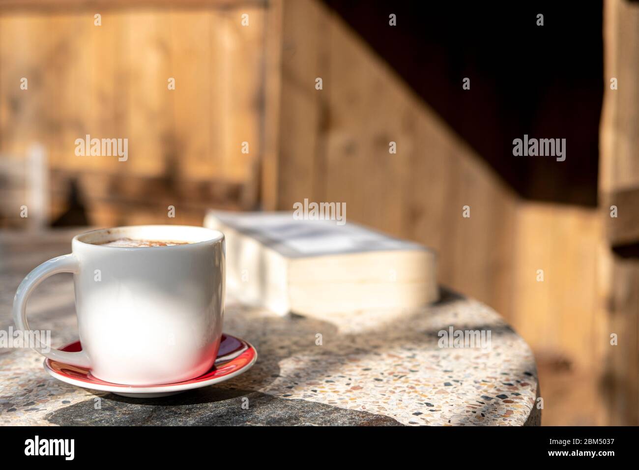 white cup with cappuccino coffee and books on an old table with a ...